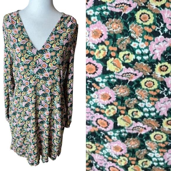 Boden Spring Floral Mini Dress Long Sleeves V-Neckline Pink & Green Medium US 8R - Picture 1 of 12